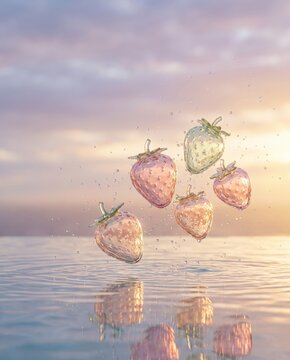 Schwebende Erdbeeren aus transparentem Glas &uuml;ber Wasser