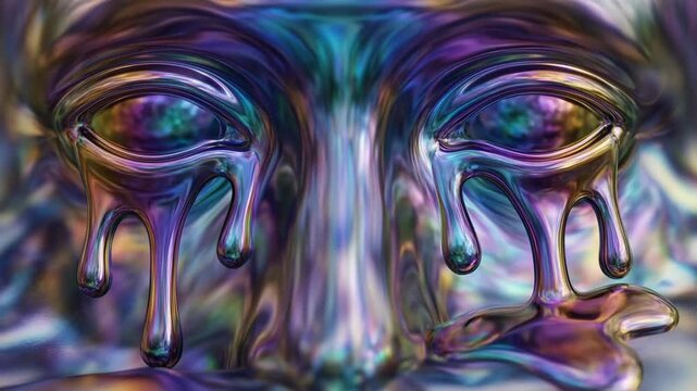 Abstract trippy background with melting eyes concept. Abstract colorful face with melting eyes in vibrant iridescent liquid metal art
