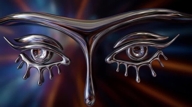 Abstract trippy background with melting eyes concept. Abstract surreal silver metallic eyes with dripping tears on dark colorful background