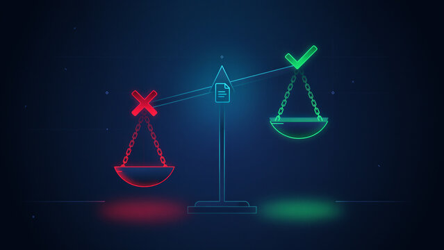 Glowing neon scales of justice featuring a bright green checkmark on one side and a bold red cross on the other side representing the difficult choice between right and wrong