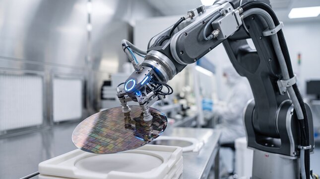 Robotic arm precisely manipulates semiconductor wafer in cleanroom facility