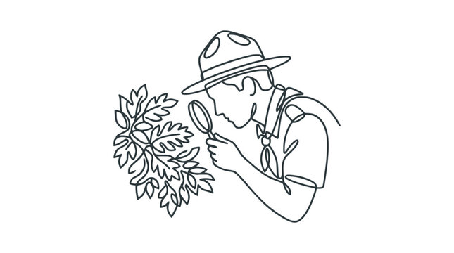 Scout examining plant with magnifying glass, continuous line art