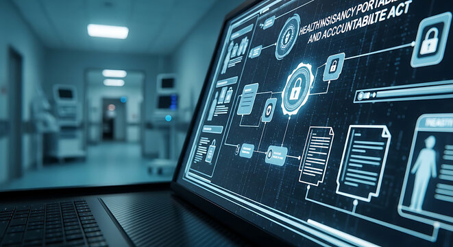HIPAA compliance and data security interface on a medical laptop screen within a hospital environment for patient privacy protection