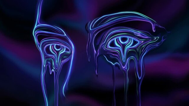 Abstract trippy background with melting eyes concept. Abstract glowing neon eyes with melting effect on dark background digital art