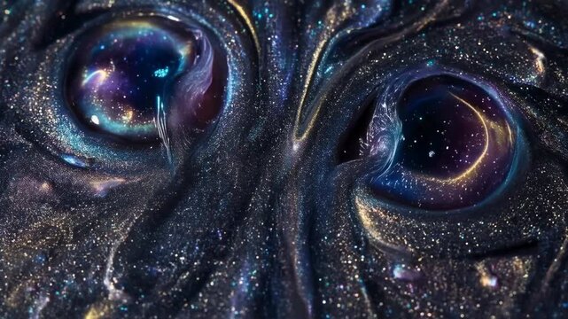 Abstract trippy background with melting eyes concept. Abstract cosmic swirl with glittering stars and vibrant galaxy colors in a mesmerizing dark universe scene