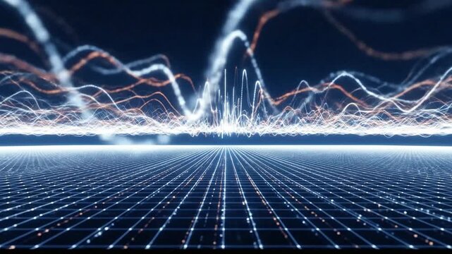 Abstract digital audio equalizer waves pulsing over a glowing light grid