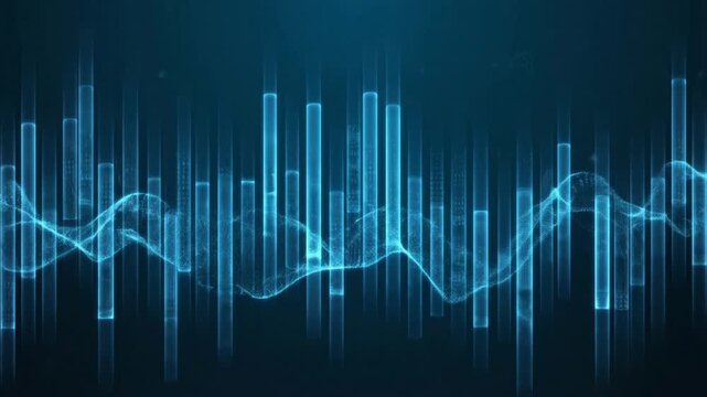 Blue digital equalizer bars and glowing particle audio wave on dark background.