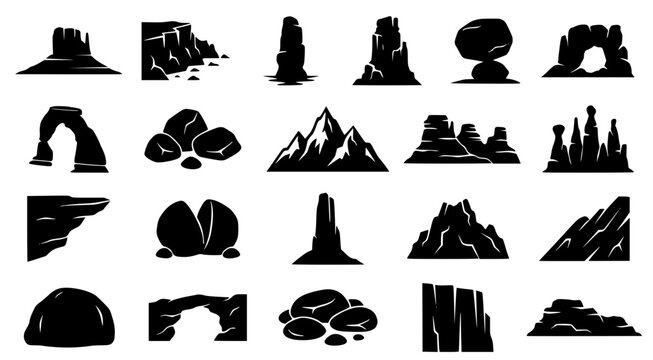 Black silhouette icons of various rocky mountain formations and cliffs on white background