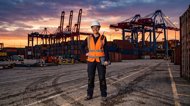 Port Manager Standing in Shipping Container Yard at Industrial Sunset