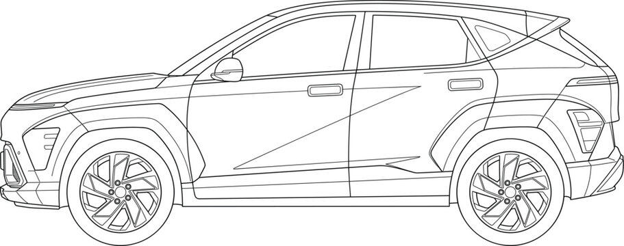 Modern compact crossover SUV side profile vector line art illustration isolated on white background.