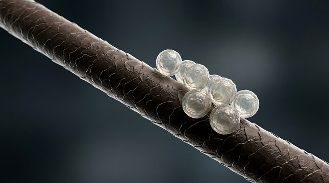 Microscopic view of parasitic head lice nits attached to a human hair strand for medical science research