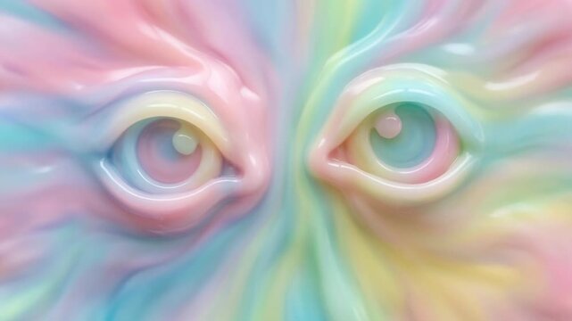 Colorful surreal close up of glossy eyes with pastel rainbow swirls and smooth shiny texture