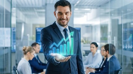 Fototapeta premium Professional corporate businessman presenting glowing digital growth chart on hand