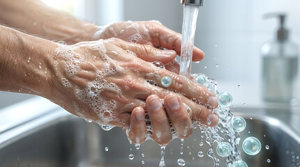 Fototapeta premium Person washing hands with soap under running water in a bright bathroom sink setting