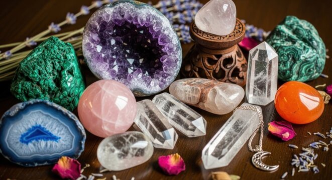 Collection of various healing crystals and gemstones.