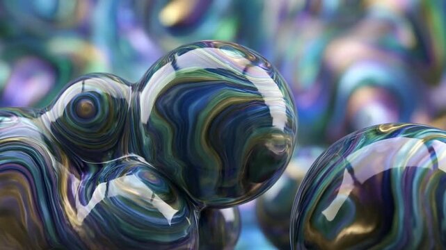 Abstract colorful glass bubbles with vibrant swirling patterns and reflections in artistic close up