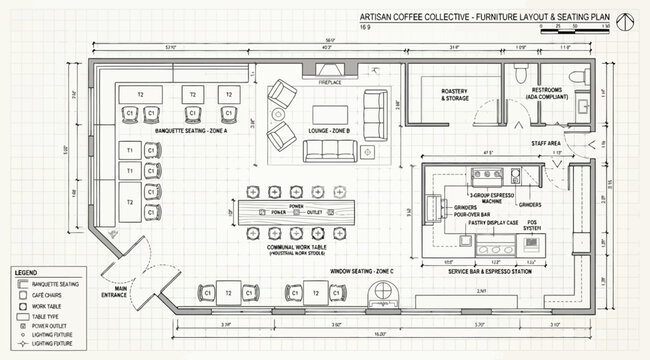 Artisan coffee collective furniture layout and seating plan