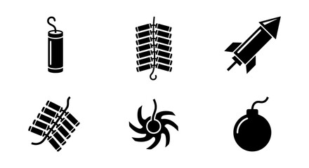 Explosive Icons: Dynamite, Firecrackers, Rocket, Bomb, Fireworks, Vector Set © Samim