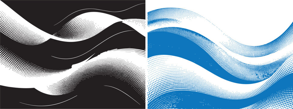 Abstract halftone wave vector background set with dynamic flowing curves in black and blue for sports livery and vehicle wrap design