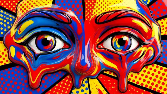 Colorful melting face art with expressive eyes in vibrant pop art style with bold red blue and yellow colors