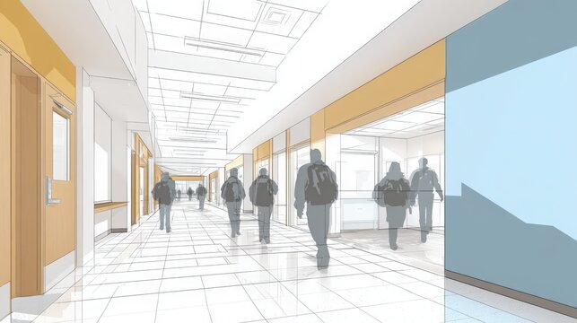 Students walk through a school corridor in this stylized conceptual.