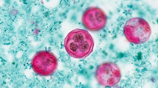 Microscopic view of hymenolepis nana eggs stained and examined under high magnification laboratory analysis