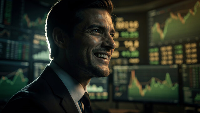 Smiling businessman in suit against backdrop of glowing stock market charts, close-up, perfect for financial analysis, trading platforms and corporate presentations