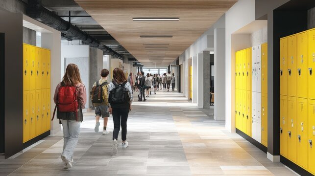 Students walk along a school hallway featuring bright yellow storage locker.