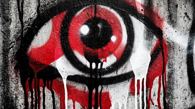 Close up of dramatic red and black eye graffiti street art with paint drips on concrete wall urban expression