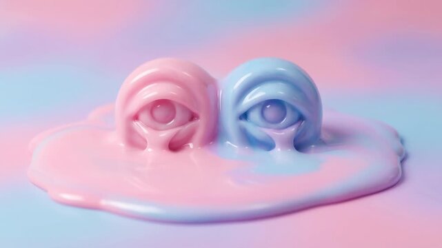 Surreal melting eyes in pastel pink and blue tones with a dreamy abstract background