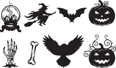 Fototapeta premium Vector art of collection of spooky halloween icons including a witch, crystal ball, bat, and carved pumpkin