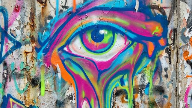 Colorful street art of a large eye with vibrant neon paint on a weathered urban wall