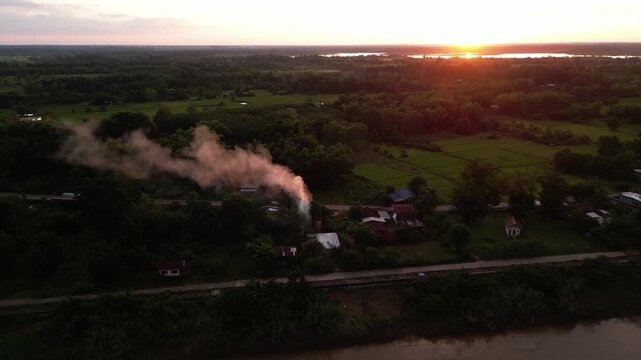 Aerial view landscape of the Mekong river in Nakhon Panom, Thailand.Scene of residential development, waterway transport, and agricultural economy in Thailand.