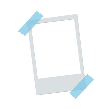 Instant camera photo frame with blue tape on transparent background picture polaroid instantaneous adhesive strip. Blank Polaroid photo frame