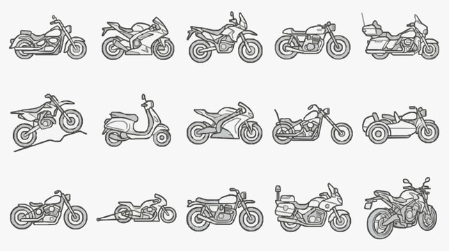 Professional Black and White Line Drawing Set of Diverse Motorcycle Types and Styles for Designers Artists and Stock Media