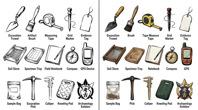 Collection of archaeological tools and equipment, presented in both sketch and color versions for comparison.