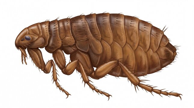 Detailed illustration of a small brown flea insect