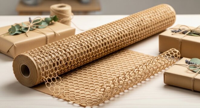 Eco-friendly honeycomb paper cushioning wrap and cardboard boxes.