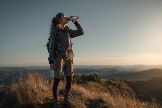 Hiker Drinks Water on Scenic Mountain Vista at Sunrise