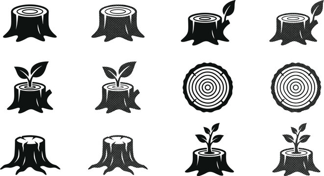 Tree Stump Icon Set with Growing Sapling Leaves and Wood Rings Symbols for Nature Branding Designs