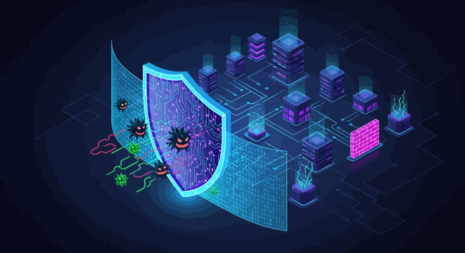 Cybersecurity shield protects network from malware and virus attacks in dark digital cityscape
