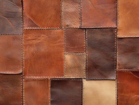 close-up view of a stitched patchwork leather surface showcasing various shades of brown and texture variations.