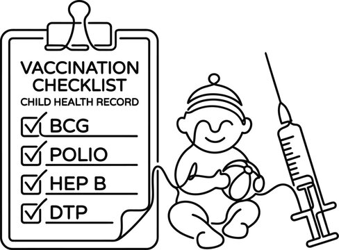 Continuous line art illustration of a baby vaccination checklist and syringe.