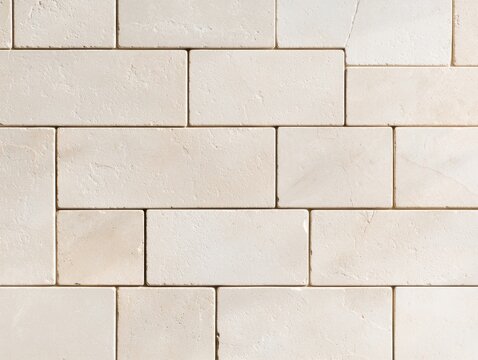 Beige rectangular stone wall with a staggered brick pattern and subtle texture, showcasing clean lines and natural variations.