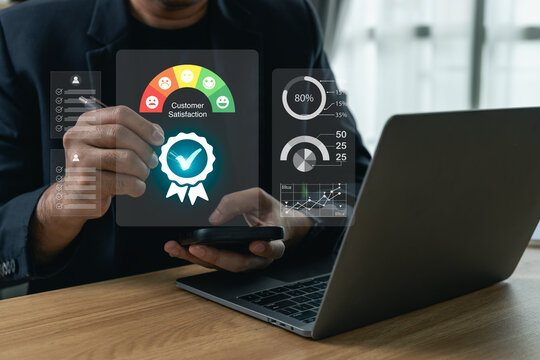 Businessman reviewing customer satisfaction metrics on a digital dashboard interface at his office desk, business concept of service quality evaluation and user rating