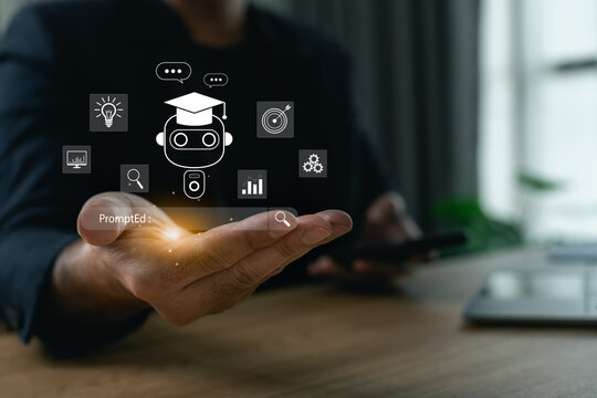 Businessman holding a virtual search bar with a robot wearing a graduation cap, concept of AI in education, smart learning, and digital classroom prompts