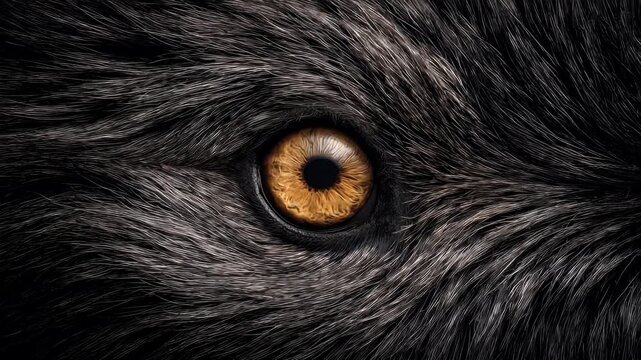 Close up of a wolfs eye detailed view of fur and iris