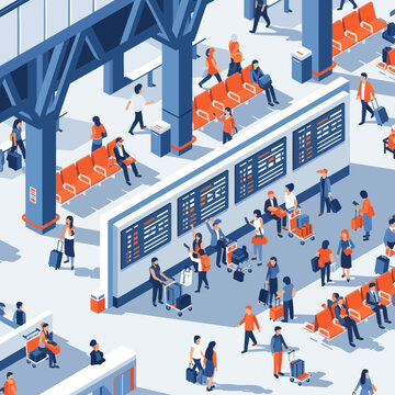 Crowd of people waiting at a busy train station platform.