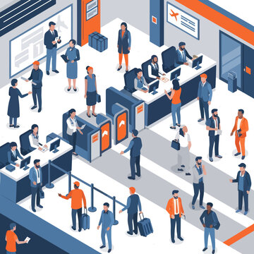 Diverse group of people interacting in a busy transportation hub.