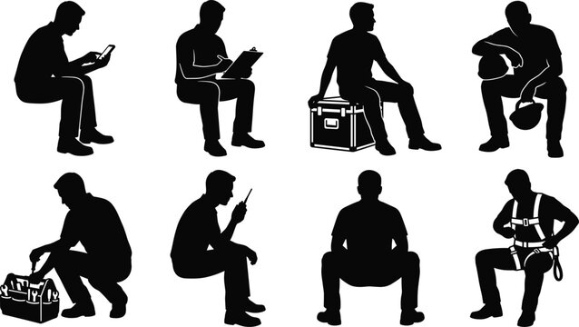 Collection of silhouettes of workers sitting and performing various technical tasks